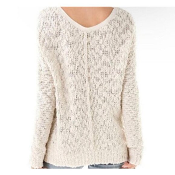 Free People Cream Open Knit Popcorn Texture V Neck Chunky Oversized Sweater XS - Picture 2 of 8